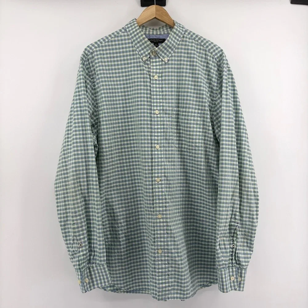 Banana Republic Slim Fit‎ Gingham Button Down Shirt Mens XL Green White Blue